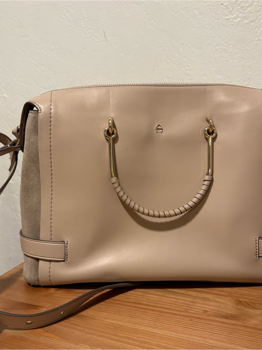 Etienne Aigner Beige Satchel Top Handle Zip Crossbody w/ Detachable Strap